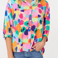 Abstract 3/4 Sleeve Curve Hem Blouse