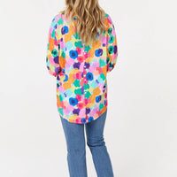 Abstract 3/4 Sleeve Curve Hem Blouse