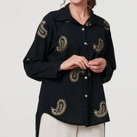 Embroidered 3/4 Turn-Up Sleeve Shirt