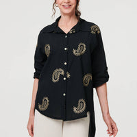 Embroidered 3/4 Turn-Up Sleeve Shirt