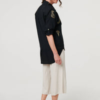 Embroidered 3/4 Turn-Up Sleeve Shirt