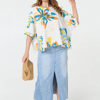 Floral 3/4 Sleeve Relaxed Boxy Blouse