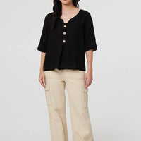 Button Detail 3/4 Sleeve Relaxed Blouse