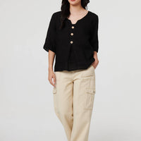 Button Detail 3/4 Sleeve Relaxed Blouse