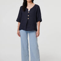Button Detail 3/4 Sleeve Relaxed Blouse