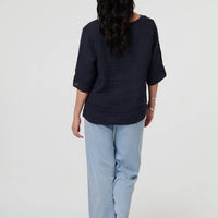 Button Detail 3/4 Sleeve Relaxed Blouse