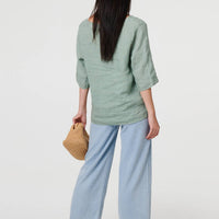 Button Detail 3/4 Sleeve Relaxed Blouse