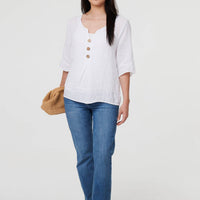 Button Detail 3/4 Sleeve Relaxed Blouse