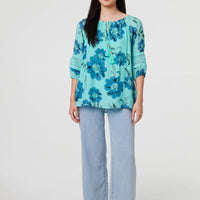 Floral Lace Trim Tie Front Bardot Blouse
