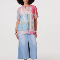 Patchwork Print Short Sleeve Blouse