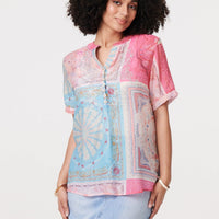 Patchwork Print Short Sleeve Blouse