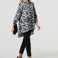 Aztec Print High Low Long Sleeve Shirt