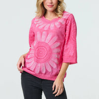 Floral Diamante Stud 3/4 Sleeve Knit Top