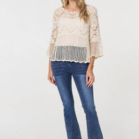 Semi Sheer Crochet 3/4 Sleeve Crop Top