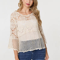 Semi Sheer Crochet 3/4 Sleeve Crop Top