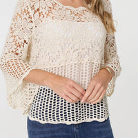 Semi Sheer Crochet 3/4 Sleeve Crop Top
