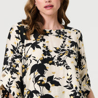 Metallic Trim Leaf Print 3/4 Sleeve Blouse