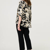 Metallic Trim Leaf Print 3/4 Sleeve Blouse