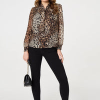 Animal Print Tie Neck Long Sleeve Blouse