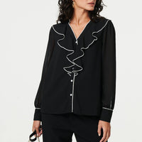 Contrast Trim Semi Sheer Ruffled Blouse