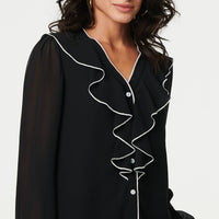 Contrast Trim Semi Sheer Ruffled Blouse