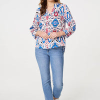 Ikat Print 3/4 Sleeve V-Neck Blouse