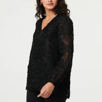 Lace Embellished V-Neck Long Sleeve Top