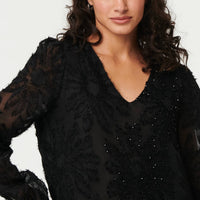 Lace Embellished V-Neck Long Sleeve Top