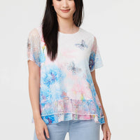 Butterfly Print Mesh Layered Top