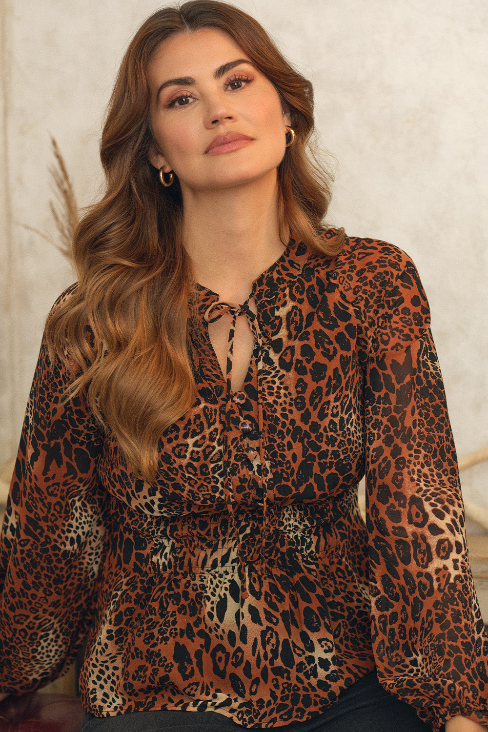 Animal Print Long Sleeve Tie Neck Blouse