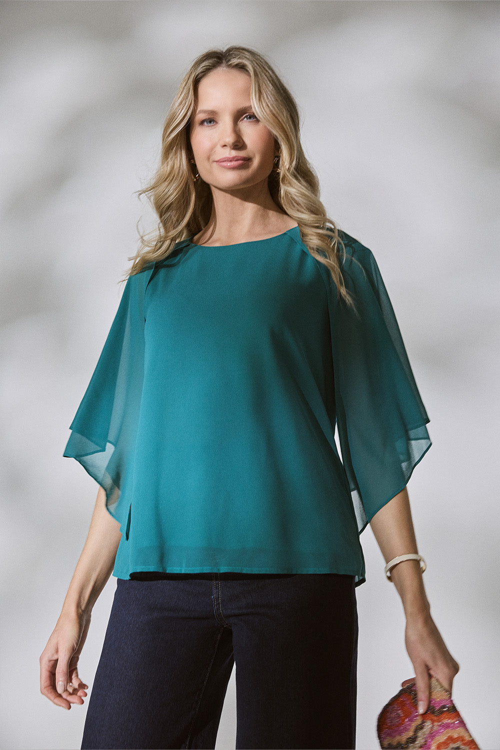 Semi Sheer Cut Out 3/4 Sleeve Blouse