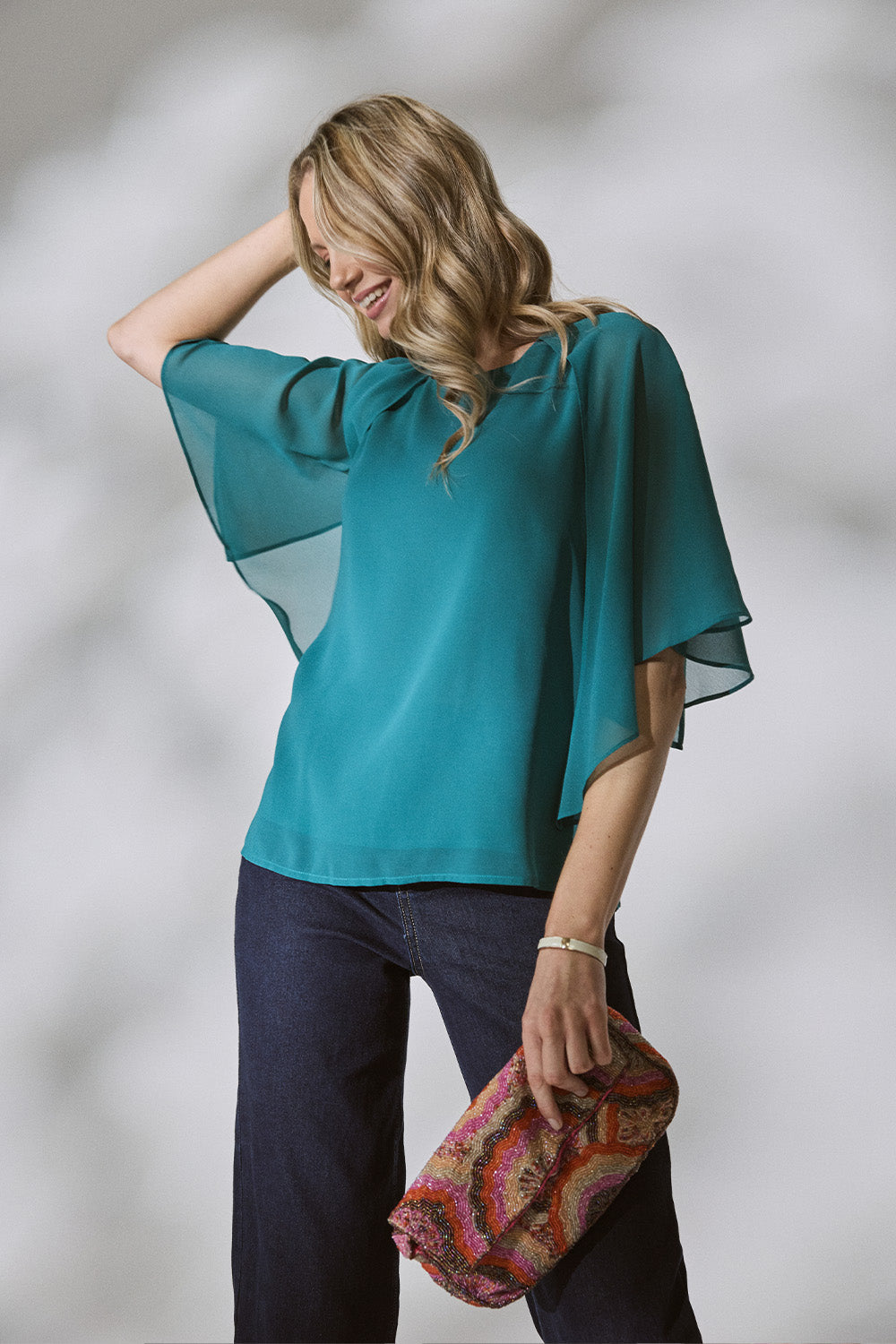 Semi Sheer Cut Out 3/4 Sleeve Blouse