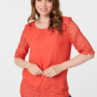 Lace Trim Semi Sheer 1/2 Sleeve Blouse