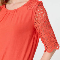Lace Trim Semi Sheer 1/2 Sleeve Blouse