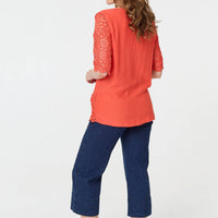 Lace Trim Semi Sheer 1/2 Sleeve Blouse