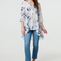 Floral High Low Relaxed Semi Sheer Blouse
