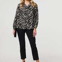 Zebra Print V-Neck Long Sleeve Blouse
