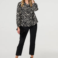 Zebra Print V-Neck Long Sleeve Blouse