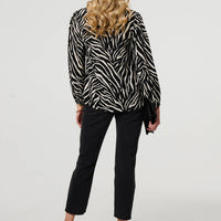 Zebra Print V-Neck Long Sleeve Blouse
