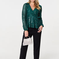 Sequin Embellished Long Sleeve Peplum Top