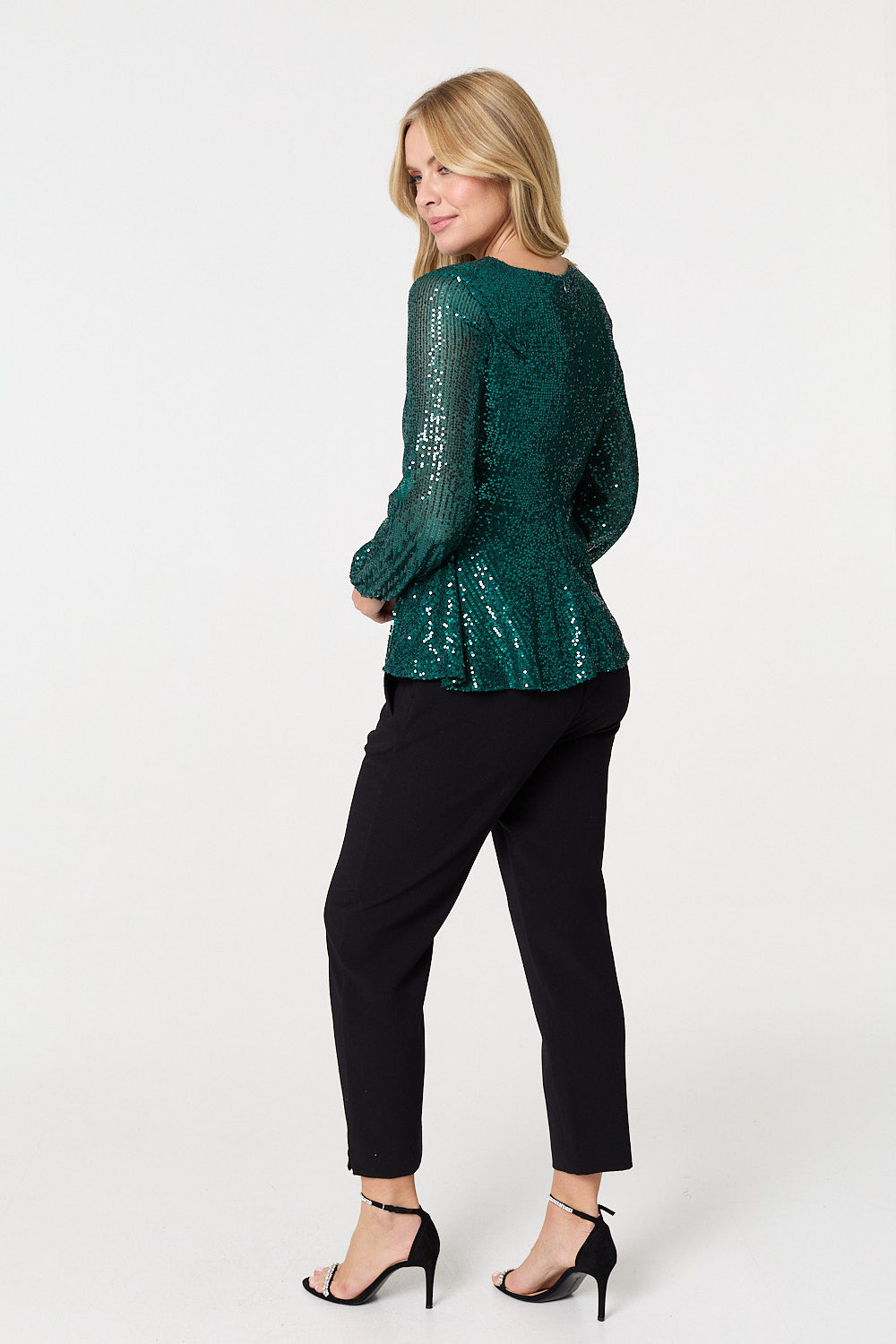Sequin Embellished Long Sleeve Peplum Top