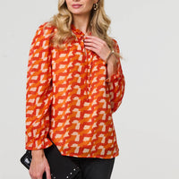 Printed Tie Neck Long Sleeve Blouse