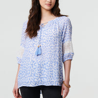 Animal Print Tassel Bardot Neck Blouse