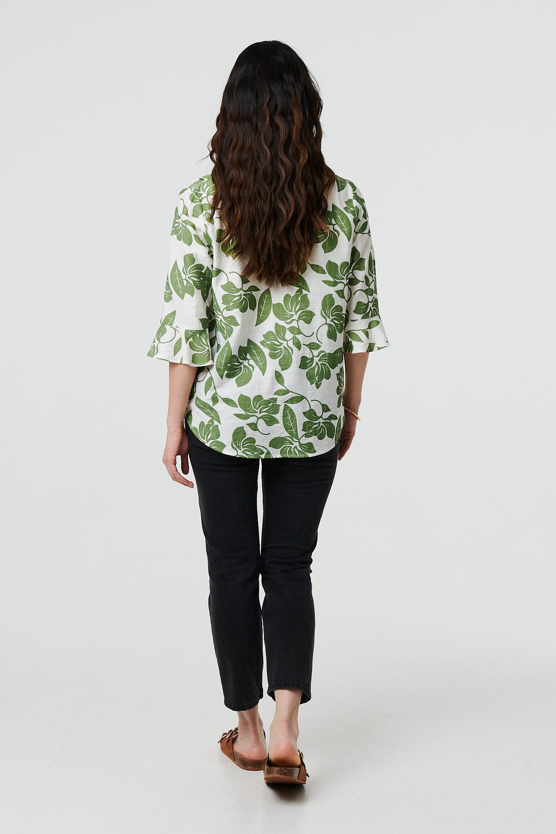Leaf Print 3/4 Flare Sleeve Blouse
