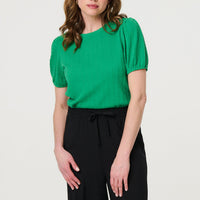 Textured Knit Short Puff Sleeve Top
