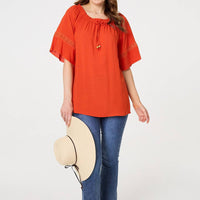 Lace Trim Bardot Tie Neck 1/2 Sleeve Blouse