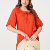 Lace Trim Bardot Tie Neck 1/2 Sleeve Blouse