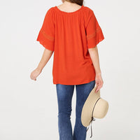 Lace Trim Bardot Tie Neck 1/2 Sleeve Blouse