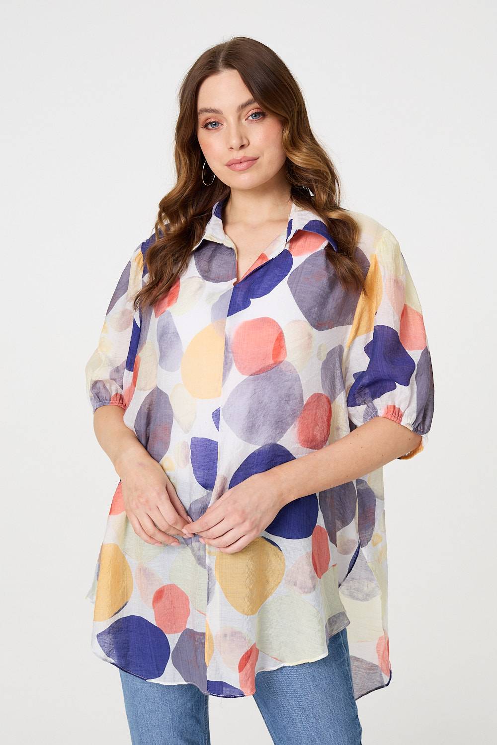 Abstract Semi Sheer High Low Shirt