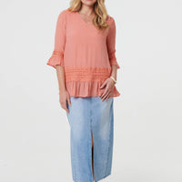Lace Trim 3/4 Flared Sleeve Blouse